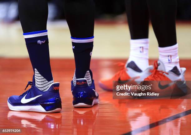 Detail view of the Nike Kobe AD shoes worn by Wesley Matthews of the Dallas Mavericks and DeMar DeRozan of the Toronto Raptors during the first half...