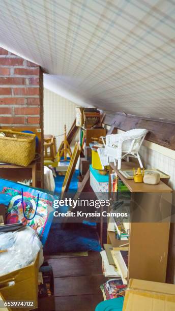 attic in old american house, vertical - attic storage bildbanksfoton och bilder