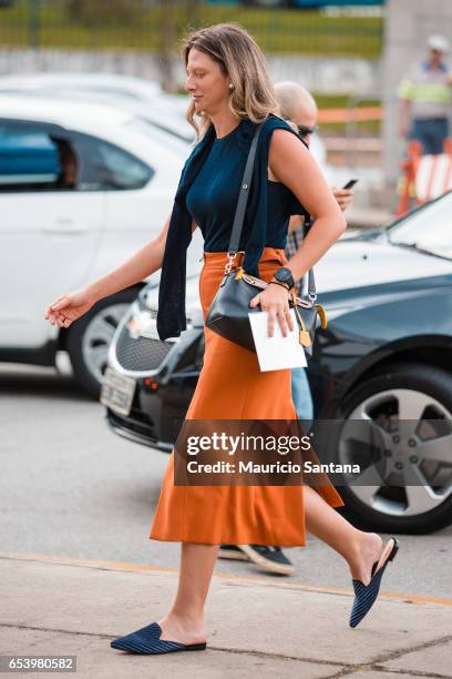 Visitor poses during Sao Paulo Fashion Week N43 SPFW Summer 2017 on March 15, 2017 in Sao Paulo, Brazil.