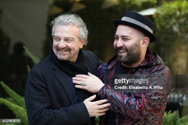 Director Giovanni Veronesi and musician Giuliano Sangiorgi attend a photocall for 'Non e' Un Paese Per Giovani' at Hotel Visconti Palace on March 16,...