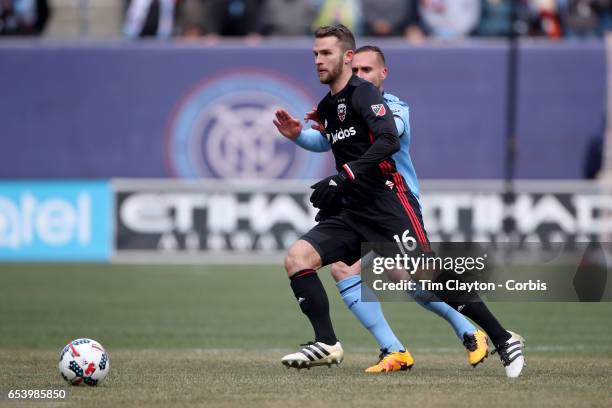 March 12: Patrick Mullins of D.C. United in action during the NYCFC Vs D.C. United regular season MLS game at Yankee Stadium on March 12, 2017 in New...