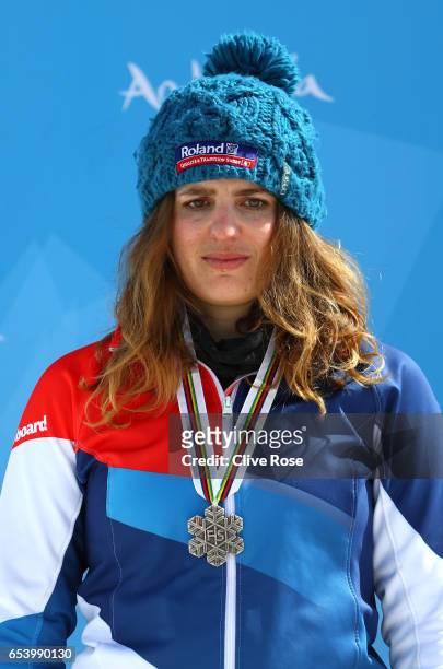 Silver medalist Patrizia Kummer of Switzerland celebrates during the medal cermony for the Women's Parallel Giant Slalom on day 9 of the FIS...