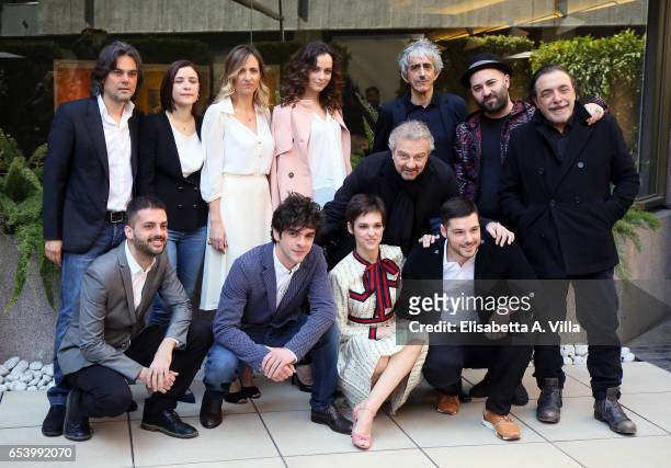 Director Giovanni Veronesi poses with cast during a photocall for 'Non e' Un Paese Per Giovani' at Hotel Visconti Palace on March 16, 2017 in Rome,...