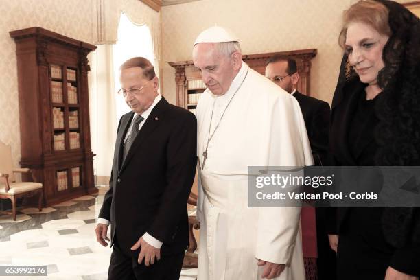 Pope Francis meets President of Lebanon Michel Aoun and his wife Nadia during an audience at the Apostrolic Palace on March 16, 2017 in Vatican City,...