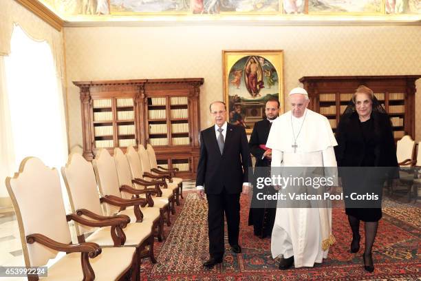 Pope Francis meets President of Lebanon Michel Aoun and his wife Nadia during an audience at the Apostrolic Palace on March 16, 2017 in Vatican City,...