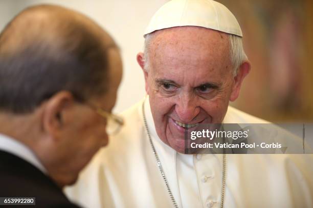 Pope Francis meets President of Lebanon Michel Aoun and his wife Nadia during an audience at the Apostrolic Palace on March 16, 2017 in Vatican City,...