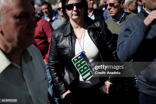 Hundred of taxi drivers who are on strike to protest take part in a protest against app-based car transport company Uber in Madrid, Spain on March...