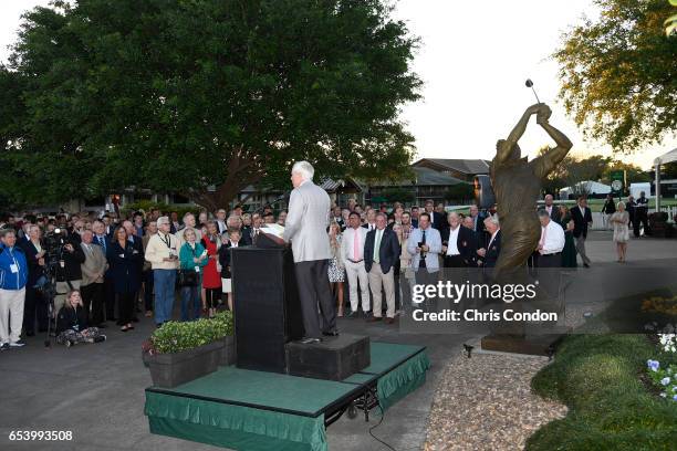 Curtis Strange speaks to a large gathering during the Arnold Palmer statue lighting ceremony at the Arnold Palmer Invitational presented by...