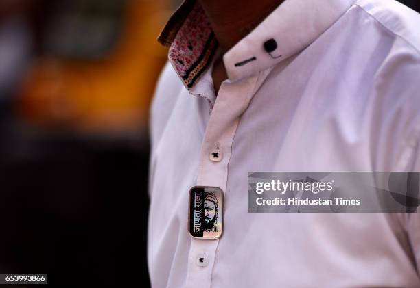 Man sports a broche of Chatrapati Shivaji Maharaj during a procession on the occasion of Shivaji Jayanti at Ghatkopar West on March 15, 2017 in...