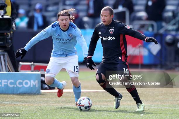 March 12: Nick DeLeon of D.C. United is challenged by Thomas McNamara of New York City FC during the NYCFC Vs D.C. United regular season MLS game at...