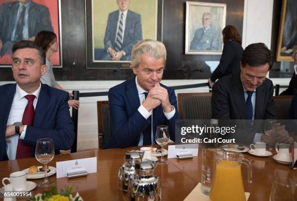 Dutch Prime Minister Mark Rutte and Party for Freedom leader Geert Wilders attend a meeting of Dutch political party leaders at the House of...