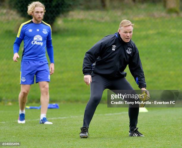 Tom Davies and Ronald Koeman during the Everton FC training session at USM Finch Farm on March 16, 2017 in Halewood, England.