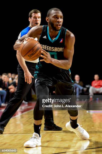 Rasheed Sulaimon of the Greensboro Swarm dribbles the ball against the Windy City Bulls on March 15, 2017 at the Sears Centre Arena in Hoffman...
