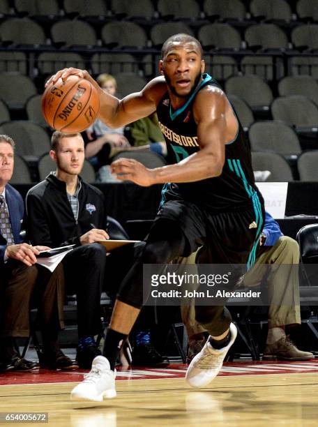 Rasheed Sulaimon of the Greensboro Swarm dribbles the ball against the Windy City Bulls on March 15, 2017 at the Sears Centre Arena in Hoffman...