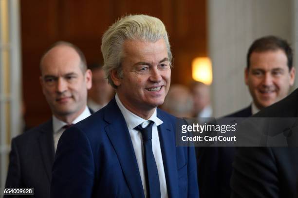Party for Freedom leader Geert Wilders attends a meeting of Dutch political party leaders at the House of Representatives to express their views on...