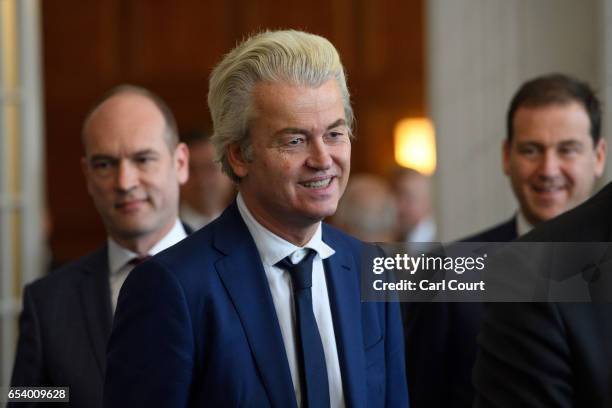 Party for Freedom leader Geert Wilders attends a meeting of Dutch political party leaders at the House of Representatives to express their views on...