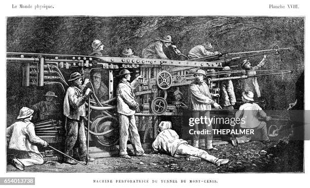 perforation machine on tunnel engraving 1881 - mining machinery stock illustrations