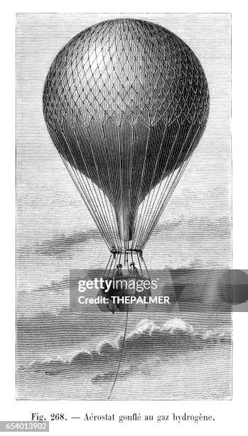 aerostat using hydrogen engraving 1881 - etching stock illustrations