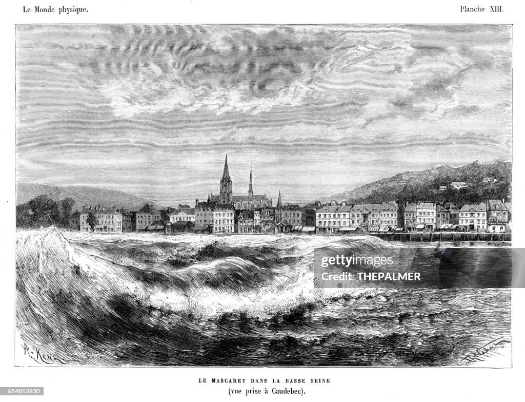 Tidal bore at the river Seine engraving