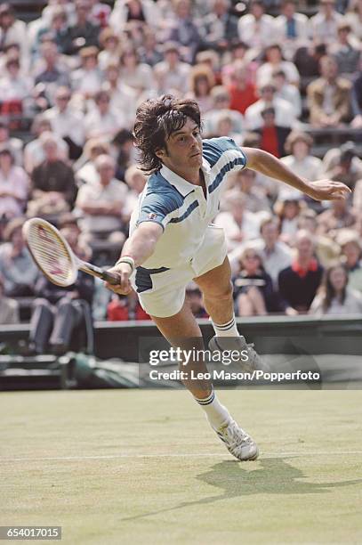 Italian tennis player Adriano Panatta pictured competing to reach the third round of the Men's Singles tournament at the Wimbledon Lawn Tennis...