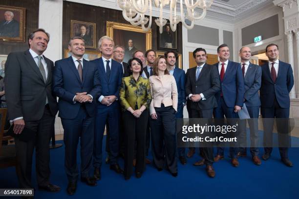 Dutch political party leaders including Party for Freedom leader Geert Wilders and Prime Minister Mark Rutte pose for a group photograph with Speaker...