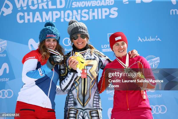 Ester Ledecka of Czech Republic wins the gold medal, Patrizia Kummer of Switzerland wins the silver medal, Ekaterina Tudegesheva of Russia wins the...