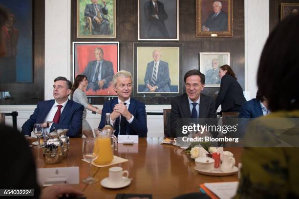 Emile Roemer, leader of the Socialist Party , left, Geert Wilders, leader of the Dutch Freedom Party , center, and Mark Rutte, Dutch prime minister...