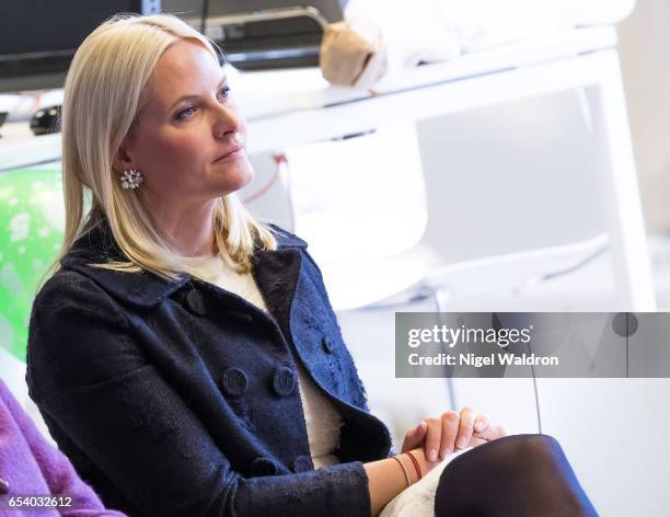 Crown Princess Mette-Marit of Norway attends the Stella Red Cross Women Centre on March 16, 2017 in Oslo, Norway.