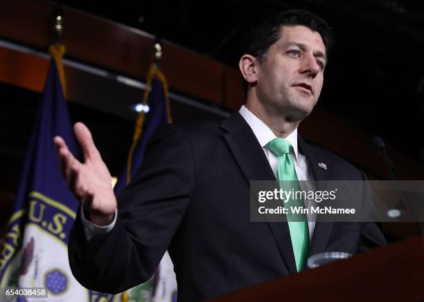 Speaker of the House Paul Ryan answers questions during his weekly news conference at the U.S. Capitol March 16, 2017 in Washington, DC. Ryan...