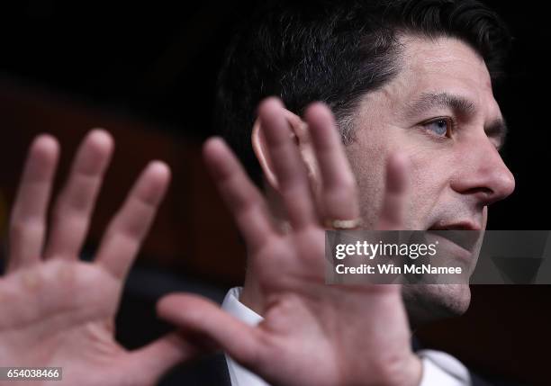 Speaker of the House Paul Ryan answers questions during his weekly news conference at the U.S. Capitol March 16, 2017 in Washington, DC. Ryan...