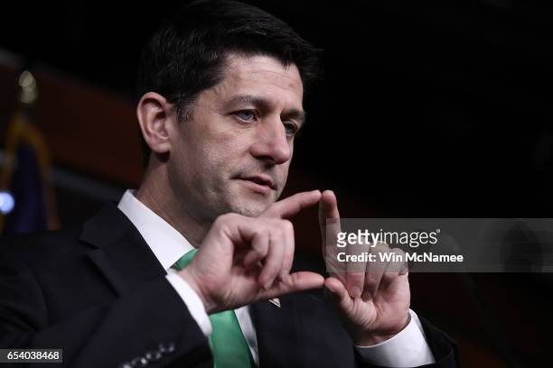 Speaker of the House Paul Ryan answers questions during his weekly news conference at the U.S. Capitol March 16, 2017 in Washington, DC. Ryan...
