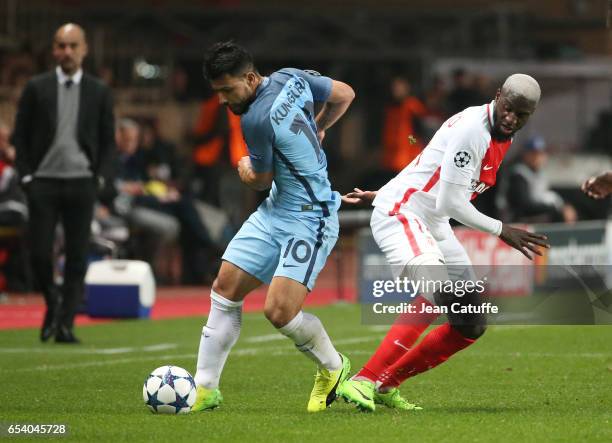 Sergio Aguero aka Kun Aguero of Manchester City and Tiemoue Bakayoko of Monaco in action during the UEFA Champions League Round of 16 second leg...