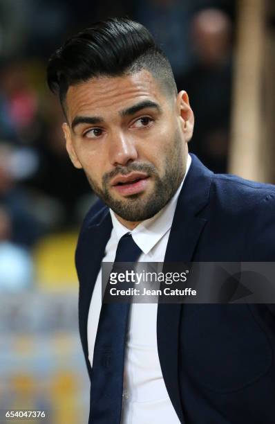 Radamel Falcao of Monaco looks on during the UEFA Champions League Round of 16 second leg match between AS Monaco and Manchester City FC at Stade...