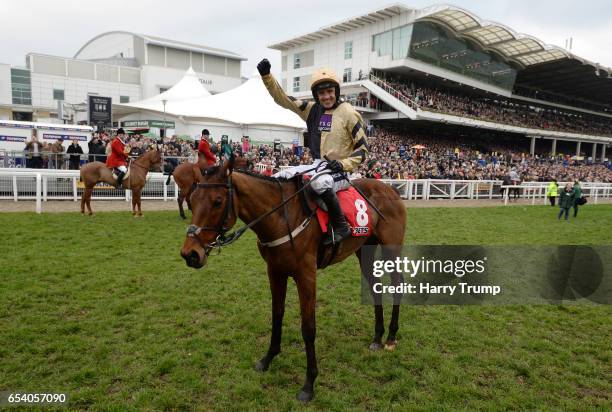 Ruby Walsh celebrates after victory in the Sun Bets Stayers Hurdle riding Nichols Canyon during St Patrick's Thursday of the Cheltenham Festival at...