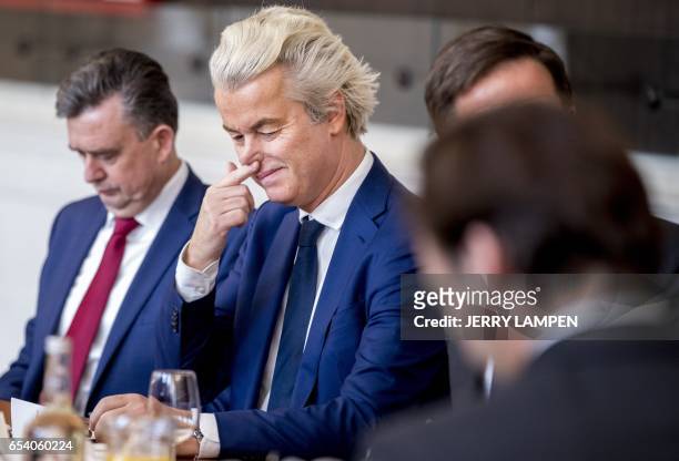 Dutch PVV leader Geert Wilders is seen prior to a meeting between main parties leaders and the Chairman of the Senate in The Hague, on March 16 one...