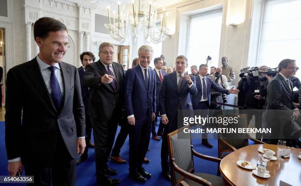 Dutch PVV leader Geert Wilders and Dutch Prime Minister Mark Rutte arrives for a meeting between main parties leaders and the Chairman of the Senate...