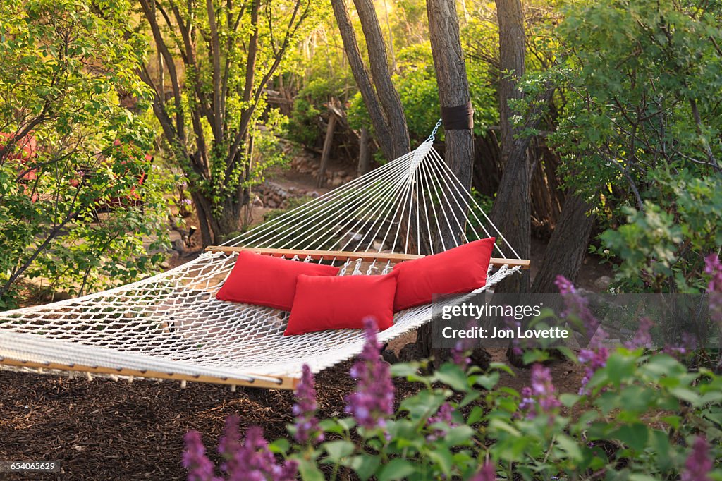 Hammock with three red pillows