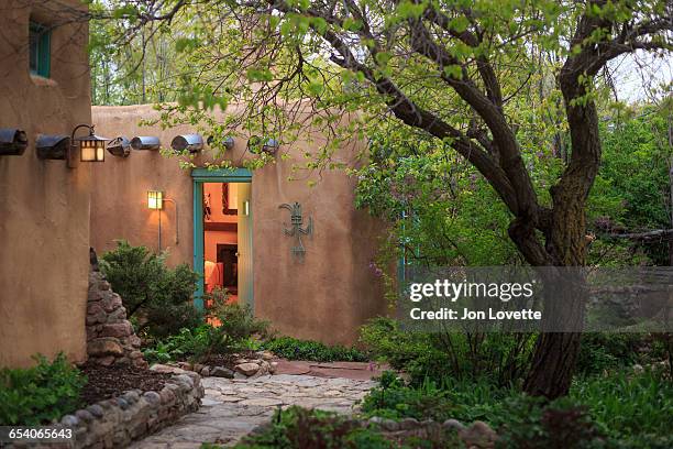 gardens and room entrance - santa fe new mexico stock pictures, royalty-free photos & images