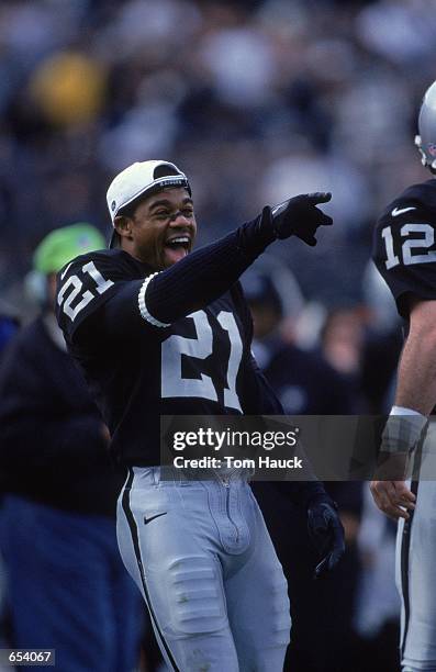 Eric Allen of the Oakland Raiders enjoys a laugh during the game against the Carolina Panthers at the Network Associates Coliseum in Oakland,...