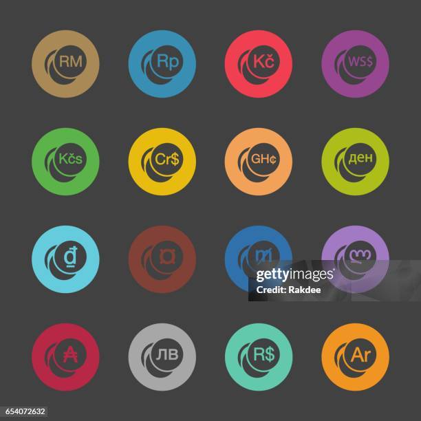 currency symbol icons set 2 - color circle series - malaysian currency stock illustrations