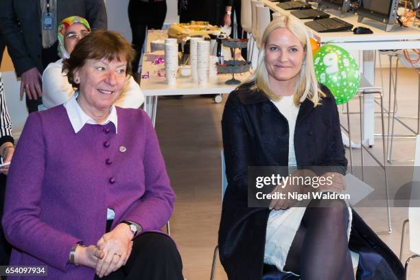 Crown Princess Mette Marit of Norway, Marianne Borgen the mayor of Oslo attend the Stella Red Cross Women Centre on March 16, 2017 in Oslo, Norway.