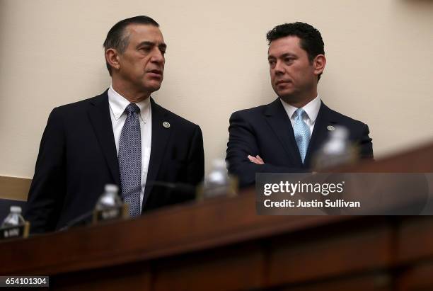 Reps. Darrell Issa and Jason Chaffetz talk before the start of a House Judiciary Committee hearing on March 16, 2017 in Washington, DC. Judges with...