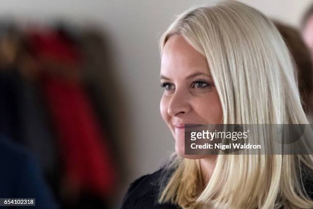 Crown Princess Mette Marit of Norway attends the Stella Red Cross Women Centre on March 16, 2017 in Oslo, Norway.