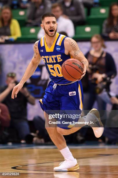 Michael Orris of the South Dakota State Jackrabbits dribbles in the first half against the Gonzaga Bulldogs during the first round of the 2017 NCAA...