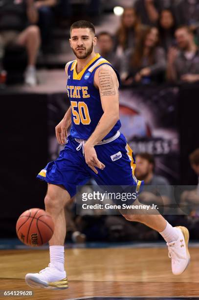 Michael Orris of the South Dakota State Jackrabbits dribbles in the first half against the Gonzaga Bulldogs during the first round of the 2017 NCAA...