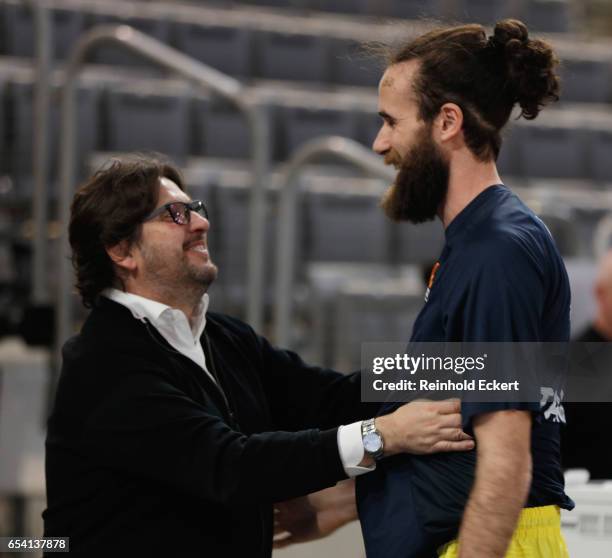 Andrea Trinchieri, Head Coach of Brose Bamberg welcomes Luigi Datome, #70 of Fenerbahce Istanbul before the 2016/2017 Turkish Airlines EuroLeague...