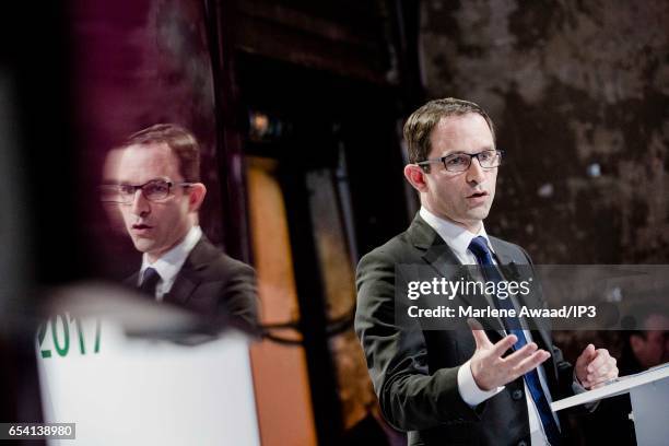 Candidate of the Socialist Party for the 2017 French Presidential Election Benoit Hamon holds a meeting to present his political program on March 16,...