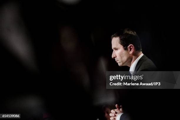 Candidate of the Socialist Party for the 2017 French Presidential Election Benoit Hamon holds a meeting to present his political program on March 16,...