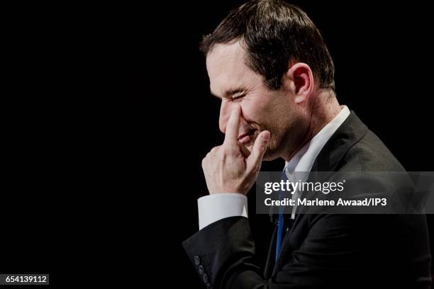 Candidate of the Socialist Party for the 2017 French Presidential Election Benoit Hamon holds a meeting to present his political program on March 16,...