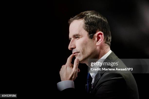 Candidate of the Socialist Party for the 2017 French Presidential Election Benoit Hamon holds a meeting to present his political program on March 16,...